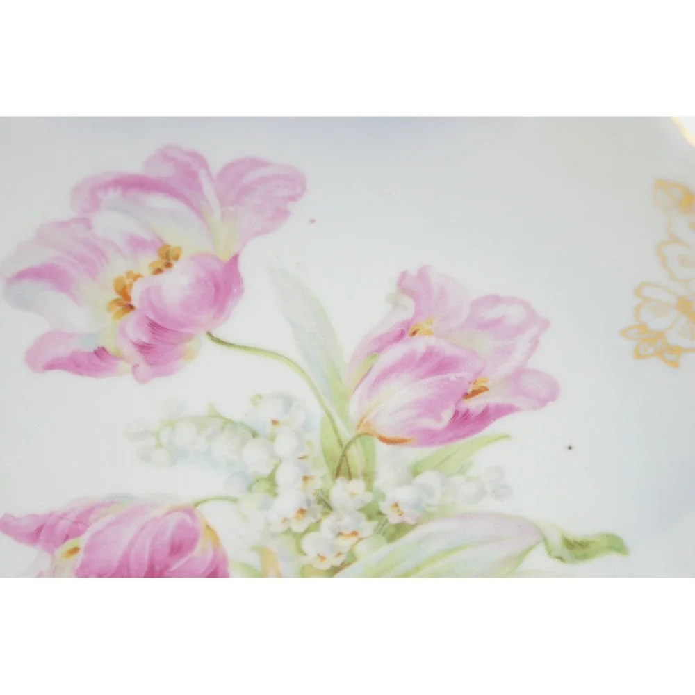 Vintage Made in Germany Porcelain Cake Plate Pink Tulips Floral Gold Trim 10 EUC